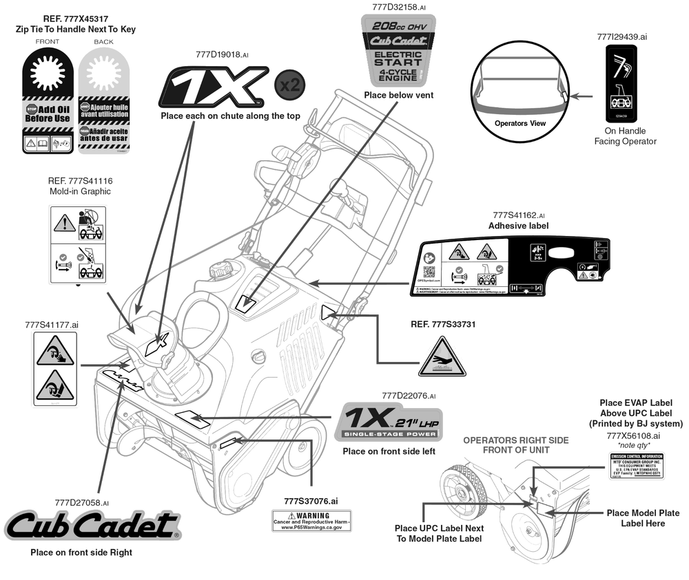 Label Map Diagram and Parts List for 1X21-INCHLHP (31PM2T6C710)(2020) Cub Cadet Snow Blower